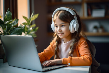 Homeschool concept , little girl student learning online class by using laptop at home