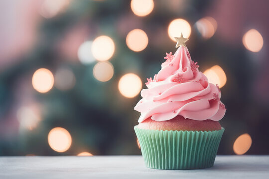 Christmas delicious cupcake with green whipped cream and star on pink background. Xmas homemade dessert. Greeting card.