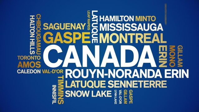 Canada animated tag word cloud;text design animation List of cities towns kinetic typography seamless loop.