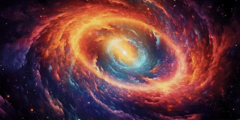 Foto op Plexiglas Spiral galaxy illustration in pixel art style. Deep space concept. Retro sci-fi video game design. 80's technology. Vector illustration © alexanderze