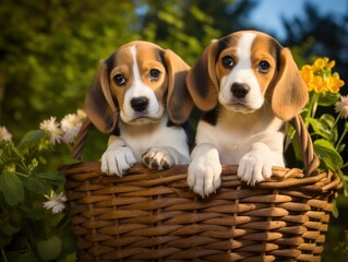zwei niedliche Beagle Hunde Welpen Outdoor im Garten im Körbchen © WallyPink