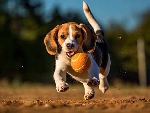 freudig spielender Beagle Hundewelpe drau&szlig;en f&auml;ngt einen Ball