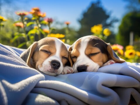 zwei m&uuml;de Beagle Hunde Welpen Outdoor im Garten kuscheln schlafen auf einer Decke