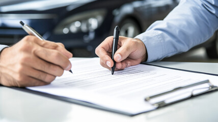 Car Insurance document or lease concept the car broker assisting his customer and explaining the detail of the car contact. 
