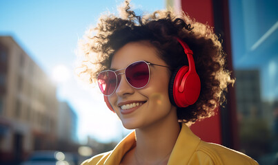Young man smiling with red headphones