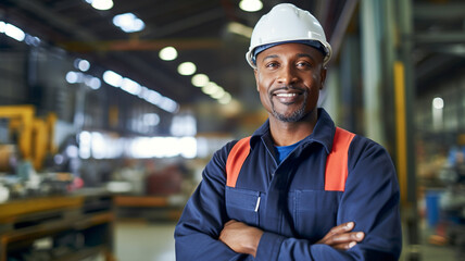 Portrait of smiling african american professional engineer factory. Engineering worker in safety hard hat at factory industrial facilities.