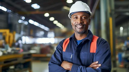 Fotobehang Portrait of smiling african american professional engineer factory. Engineering worker in safety hard hat at factory industrial facilities. © BlazingDesigns