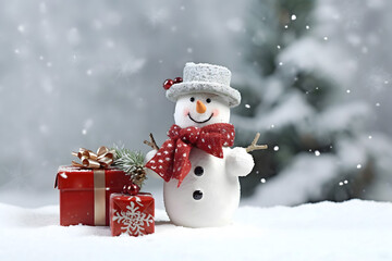 Fototapeta premium christmas tree decorations, santa claus with gifts, snowman in the snow, christmas gift boxes 