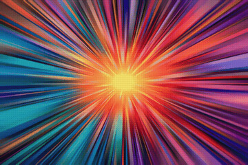 Interstellar space traveling on hyper speed through a warp-tunnel. Pixelated colorful background with glowing tunnel and vibrant light traces. Retro sci-fi and astrophysics concept of hyperspace. - obrazy, fototapety, plakaty