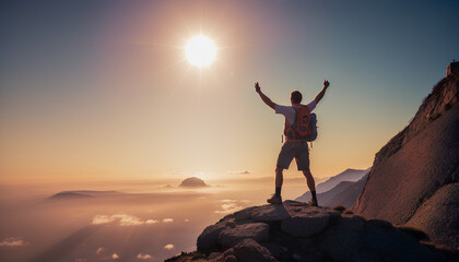 Successful hiker celebrating success -  Happy man with arms up - Life style concept 