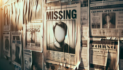 Missing poster template. Person lost banner design insitu stuck to a wall in street - obrazy, fototapety, plakaty