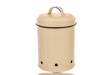 One kitchen metal container for storing garlic, macro, isolated on white background.