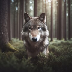 Naklejka na ściany i meble gray wolf in the forest animal background for social media