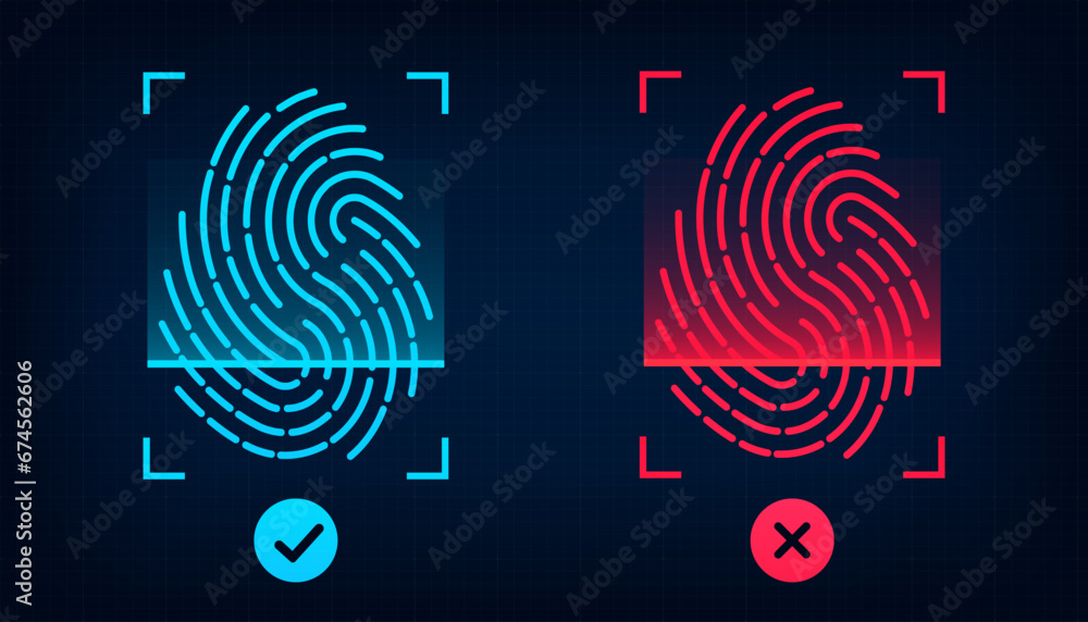 Poster electronic fingerprint scanning. passed and failed authorization. biometrics hi-tech technology with