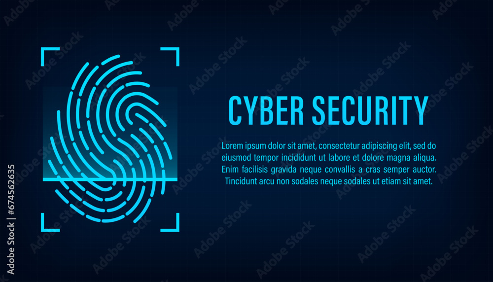 Poster cyber security concept : fingerprint scanning on digital blue background. biometrics hi-tech technol