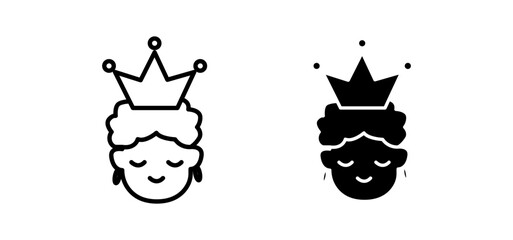 Queen line icon set. Woman with crown symbol for UI designs. In black color.
