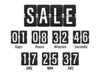 Counter Seasonal Sale Concept. Lettering on Black Boards. Countdown scoreboard numbers. Flip clock numbers. Numbers in flip clock and countdown counter style. Counter mockup. Vector illustration