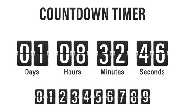 Countdown timer. Mechanical analog flip clock with number indicator, retro automatic date hour minutes counter timetable display. Mechanical scoreboard flip countdown. Vector illustration