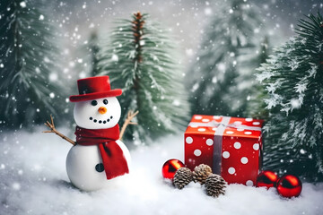 christmas tree decorations, santa claus with gifts, snowman in the snow, christmas gift boxes	