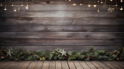 Christmas background with fir branches and cones and rustic wood - obrazy, fototapety, plakaty