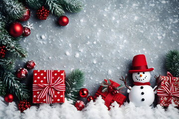 Fototapeta na wymiar christmas tree decorations, santa claus with gifts, snowman in the snow, christmas gift boxes 