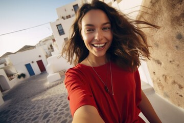 A young girl in red taking selfie during her trip in Santorini with happy face. Vacation travel...