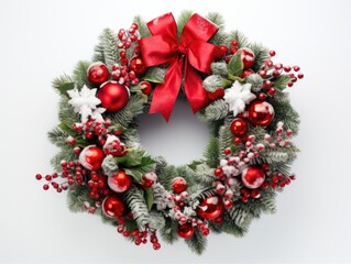 Fototapeta na wymiar Isolated image of holiday wreath with decorations on white background. Winter seasonal concept.