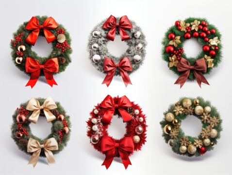 Isolated image of holiday wreath with decorations on white background. Winter seasonal concept.