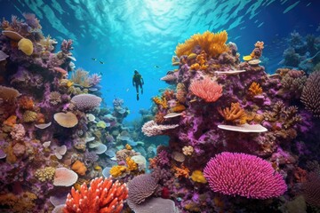 Colorful underwater world with a big variety of Sealife and a diver in tropical ocean - obrazy, fototapety, plakaty
