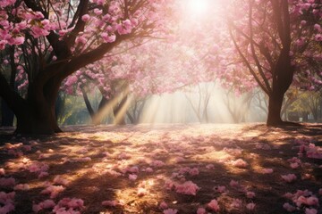 Foggy beautiful blooming cherry blossom woods with sun light ray and with pink petals in air and on ground in Spring. Spring seasonal concept.