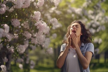 A female sneeze in a booming cherry blossom woods in Spring due to pollen allergy. Spring seasonal concept. - obrazy, fototapety, plakaty