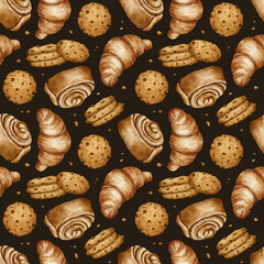 Croissant, Spiraled Cinnamon Roll, cookies, muffin. Pastry. Bakery food concept. Watercolor seamless pattern. Bakery product. For design of labels, packaging of goods, cards, for bakehouse, bakeshop.