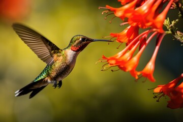 Fototapeta premium A humming bird fly near a booming flower. Spring seasonal concept.