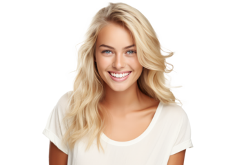 Studio portrait of a beautiful Nordic woman with clean healthy skin isolated on transparent png background.