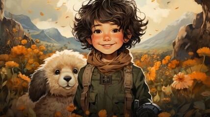 Illustration of a boy with a cute dog - obrazy, fototapety, plakaty