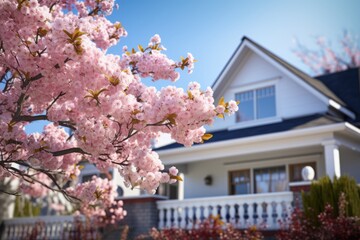 Close-up view of pink cherry blossom flower branch with residential home building in Spring. Spring seasonal concept. - obrazy, fototapety, plakaty