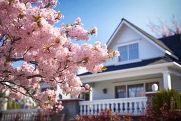 Rolgordijnen Close-up view of pink cherry blossom flower branch with residential home building in Spring. Spring seasonal concept. © rabbit75_fot