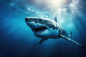 Fototapeta premium A shark swimming underwater in tropical ocean