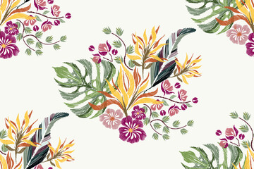 Fototapeta na wymiar Tropical Floral pattern seamless flowers jungle background border embroidery Ikat vector illustration. Hand drawn bird of paradise heliconia hibiscus orchid and leaf. 