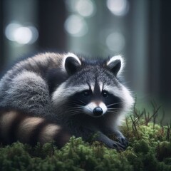 close up of a raccoon in the forest animal background for social media