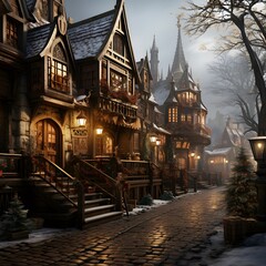 Old european houses in a foggy winter night, 3d illustration