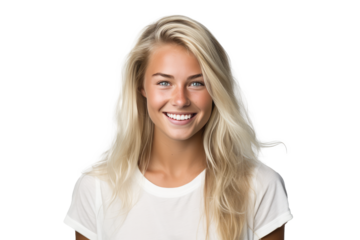 Studio portrait of a beautiful Nordic woman with clean healthy skin isolated on transparent png background.