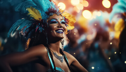 African woman with makeup and feathers on her head at night party ,concept carnival