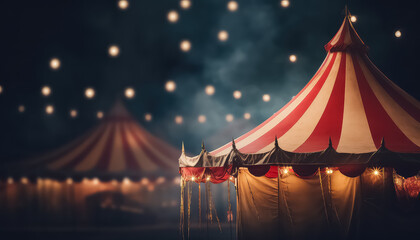 Circus tent with lights garland in night park ,concept carnival
