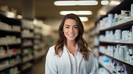 Young woman pharmacist with long hair and smiling in a drugstore