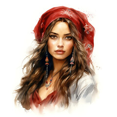 Beautiful Gypsy woman with traditional clothes, watercolor illustration generative AI
 - obrazy, fototapety, plakaty