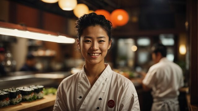 Close up high resolution image of a young Japanese sushi chef at restaurant. Generative AI.