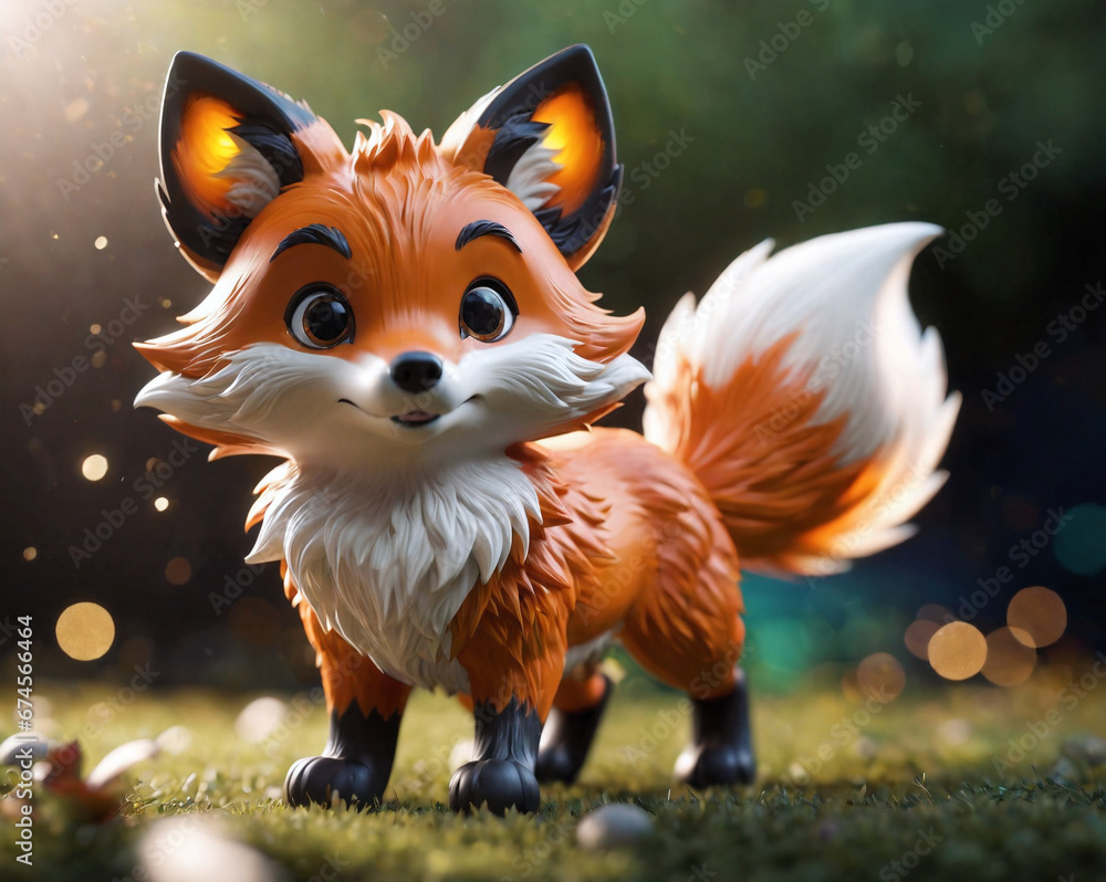 Poster cute little fox on a blurred background with bokeh. generated ai