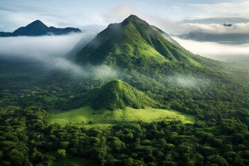 Fototapeta premium An aerial view of rainforest and volcano mountains. Outdoor travel concept.
