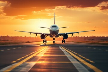 An airplane jet on runway at sunset. Outdoor travel concept.